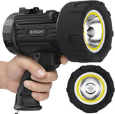 Black handheld flashlight with 'Buysight' branding, held by a hand on a white background.